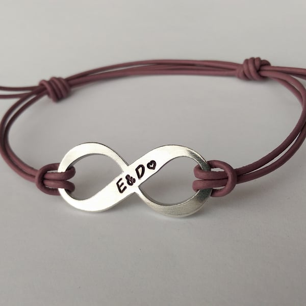 Hand stamped personalised Infinity leather cord adjustable bracelet