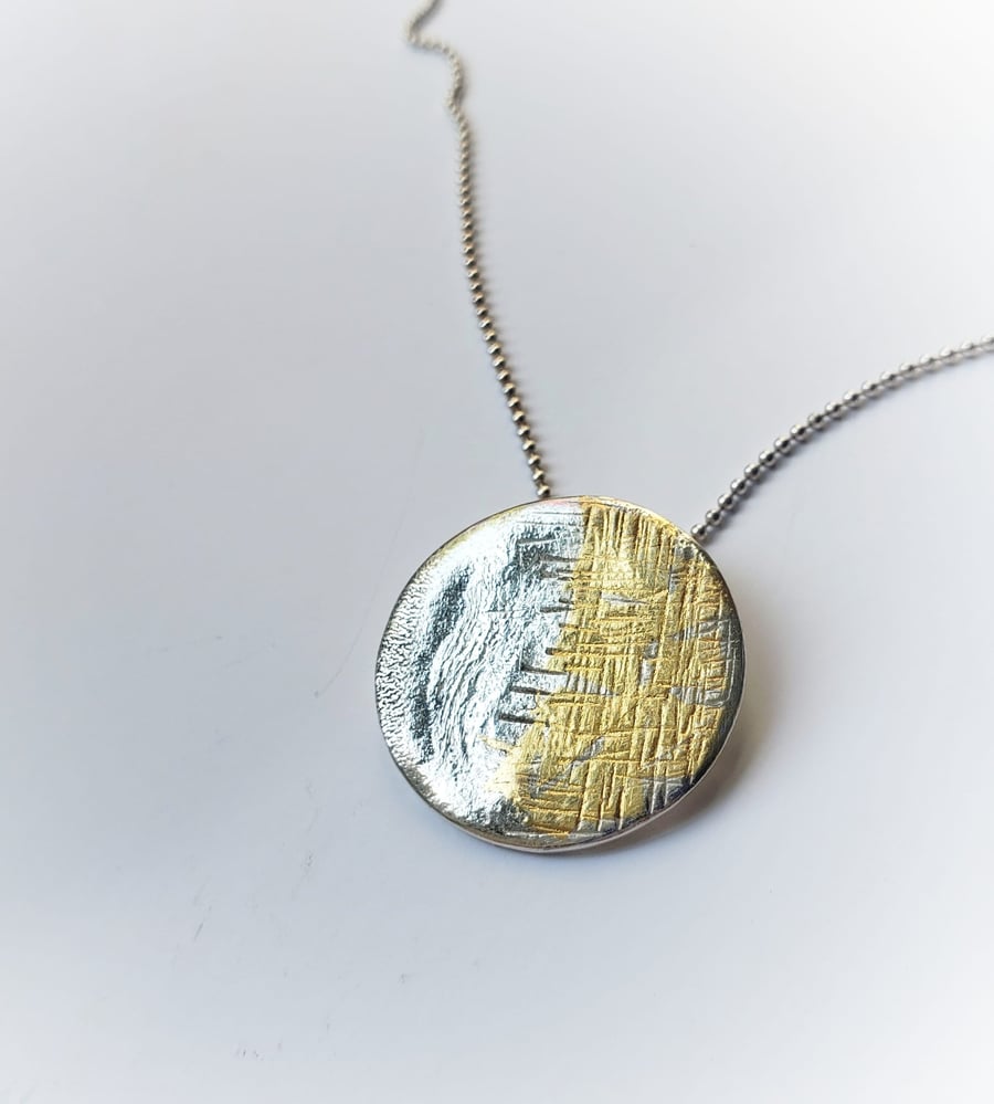 Textured Silver disc necklace with little 24ct gold detail