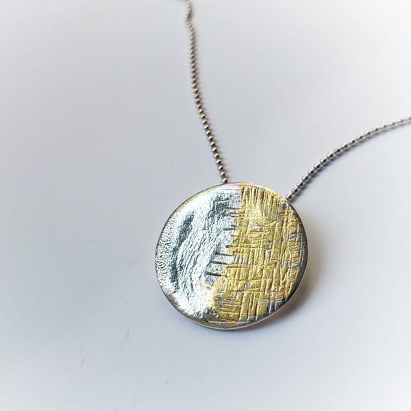 Textured Silver disc necklace with little 24ct gold detail