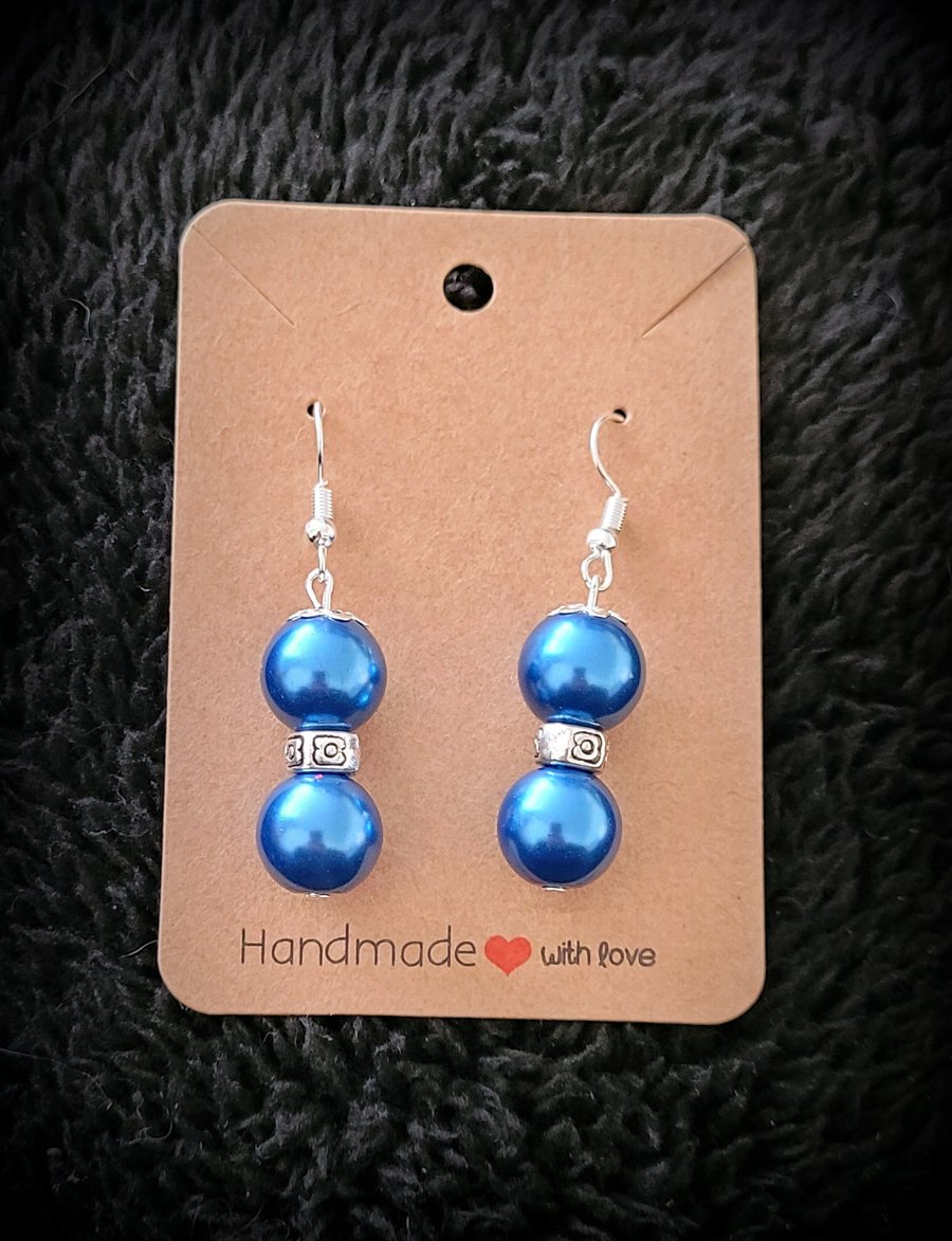 12mm Blue Glass Pearl & Spacer Dangle Earrings on Silver Plated Earring Hooks