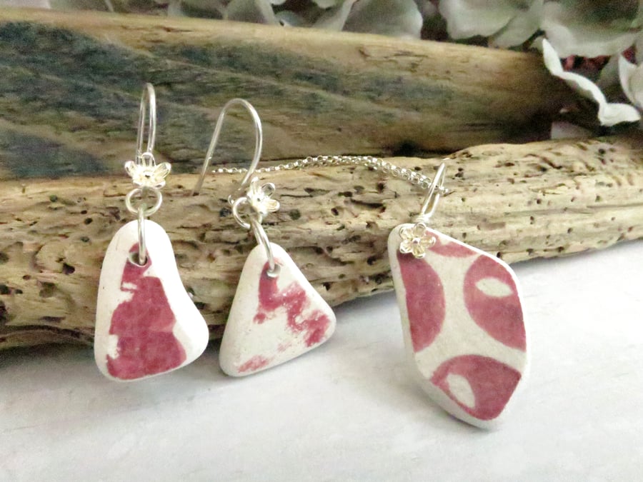  Red Necklace and Earrings, Silver Sea Pottery Jewellery Set 