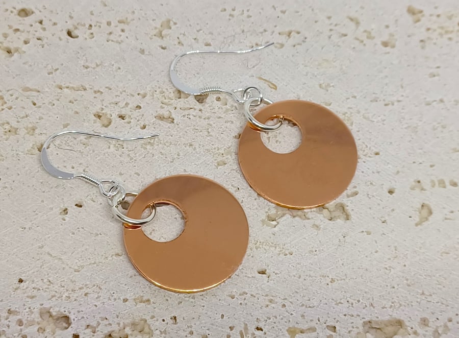 Handmade Copper Cut Out Disc Earrings with Sterling Silver Earwires, Unique Geom