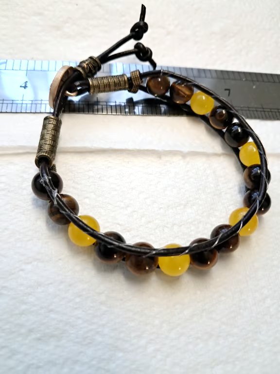 Leather Wrap Tigers Eye and Yellow Jade Beaded Bracelet 