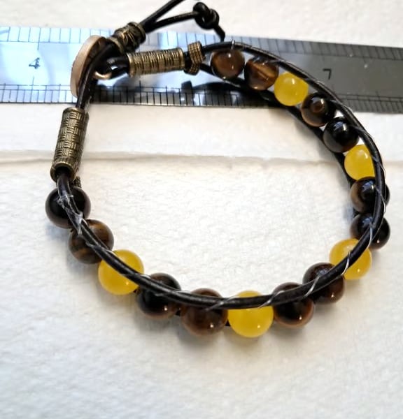 Leather Wrap Tigers Eye and Yellow Jade Beaded Bracelet 