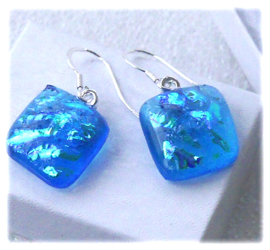 Handmade Fused Dichroic Glass Earrings 257 Turquoise Squares
