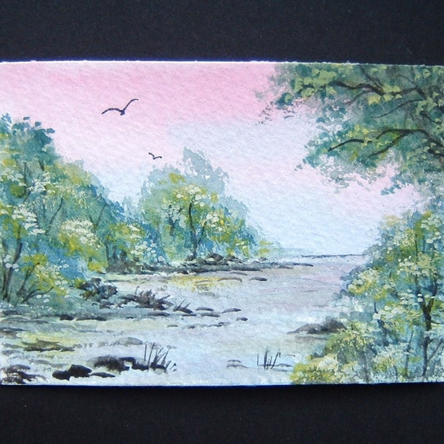 landscape watercolour original art painting aceo river ref 189