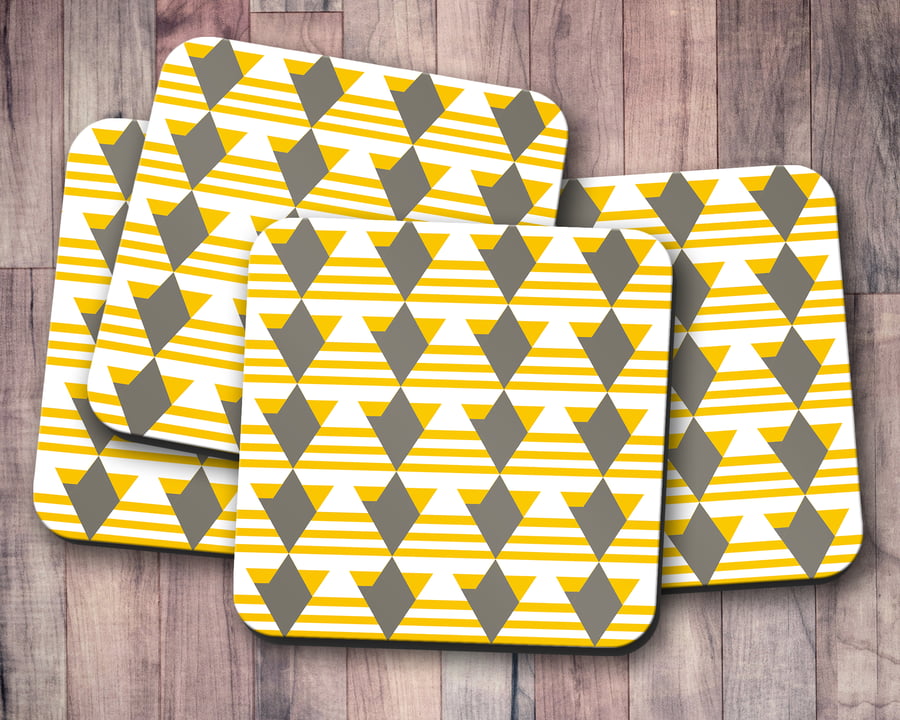 Yellow, White and Grey Geometric Design Coasters