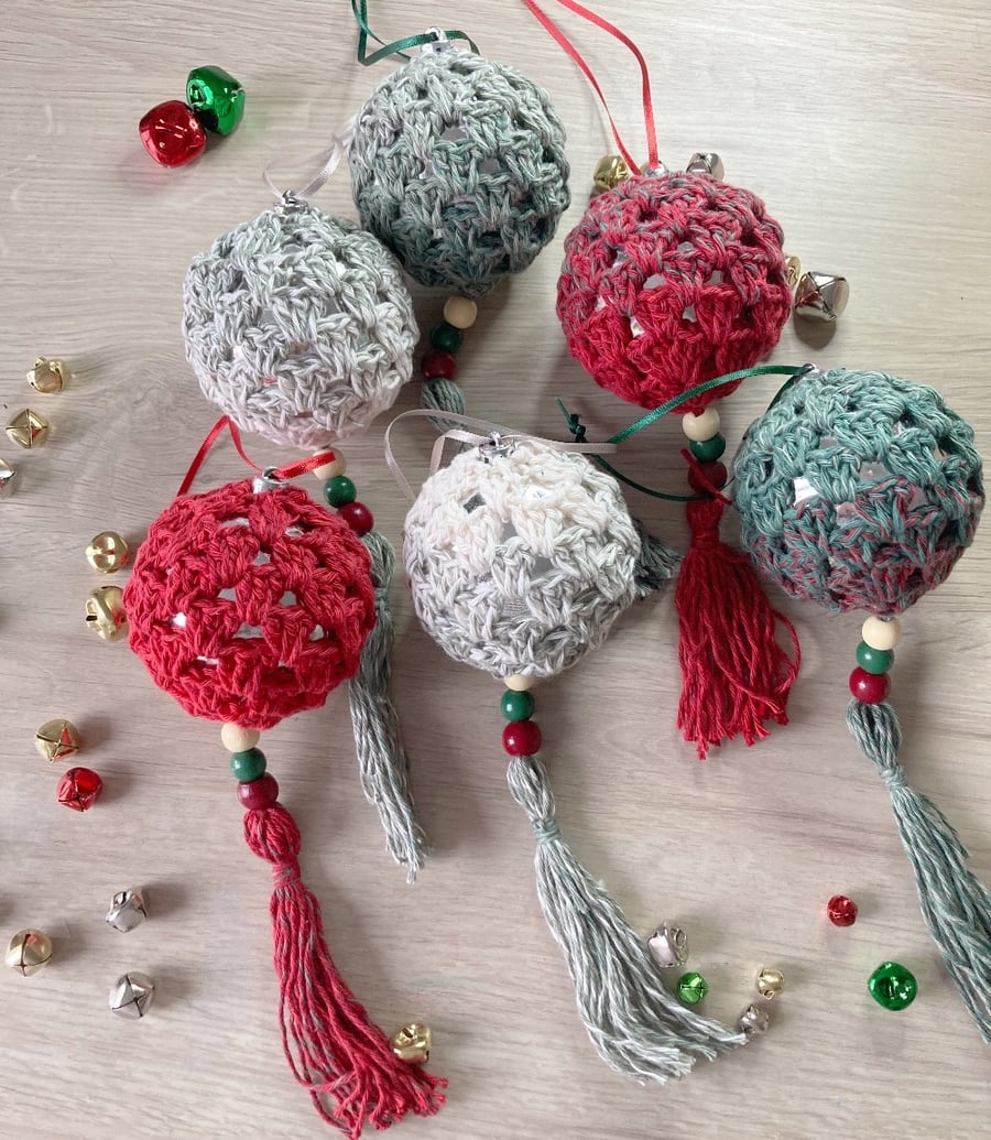 Crochet Christmas Tasselled Baubles Set of 6 - Tree Decorations