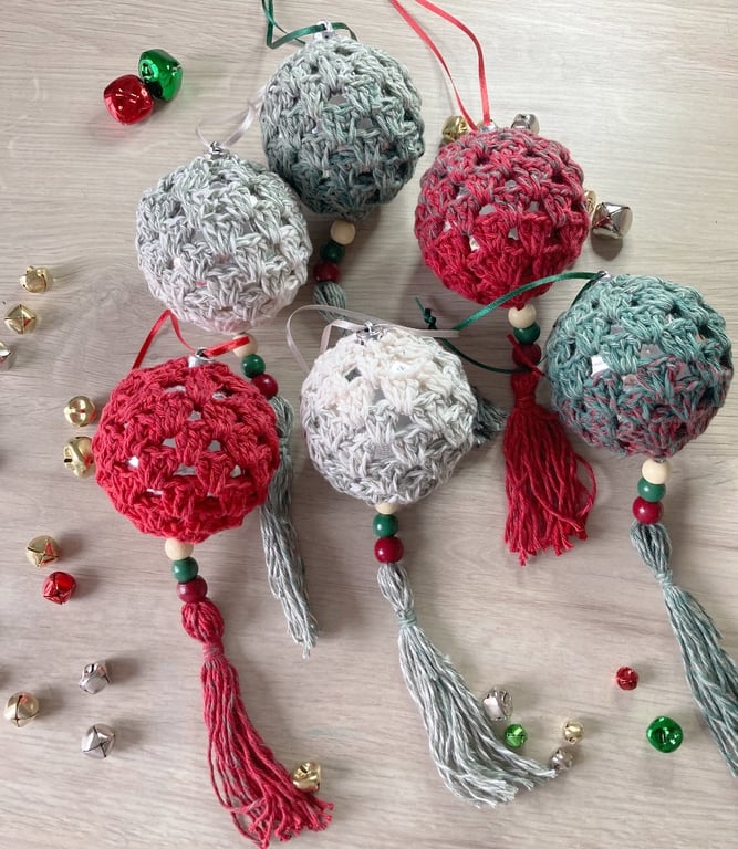 Crochet Christmas Tasselled Baubles Set of 6 - Tree Decorations
