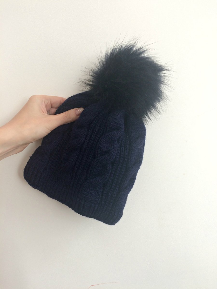 Ready To Ship Faux Fur Pom Pom Knitted Wool Hat Navy Blue Cables Beanie Fleece