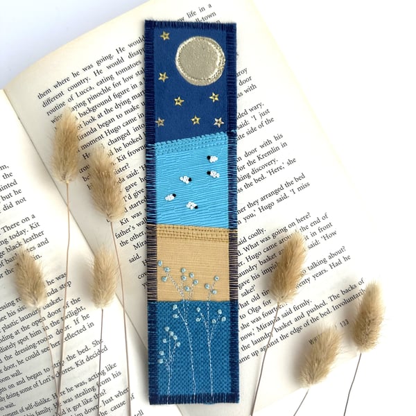 Bookmark with Moonlit Countryside Scene, Textile Art