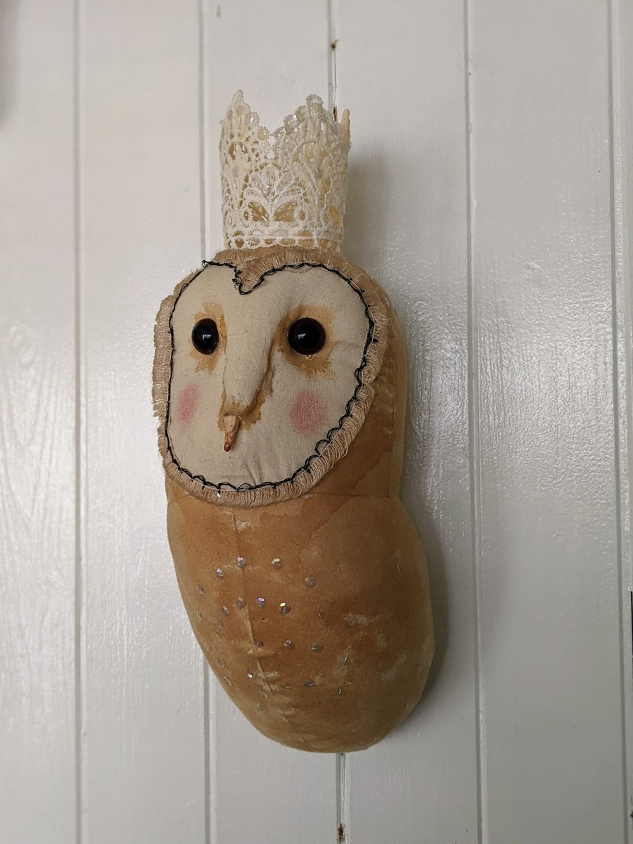 Handmade barn owl with crown faux taxidermy wall hanging