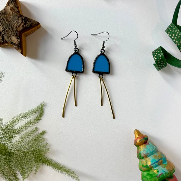 Statement Jewellery, long blue eye-catching stained glass and brass earrings