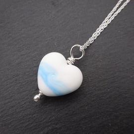 lampwork glass white and blue heart pendant, sterling silver chain necklace