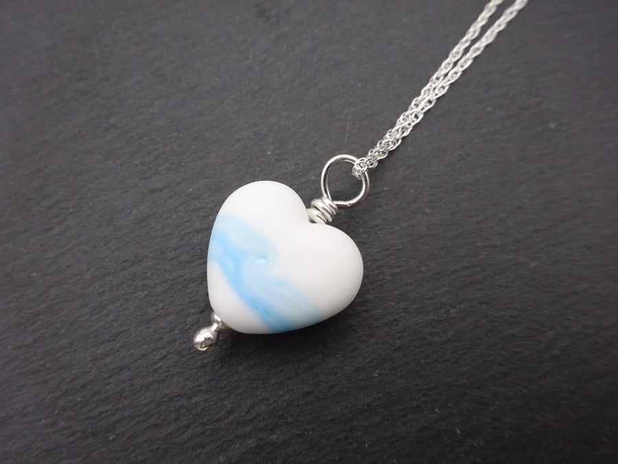 lampwork glass white and blue heart pendant, sterling silver chain necklace