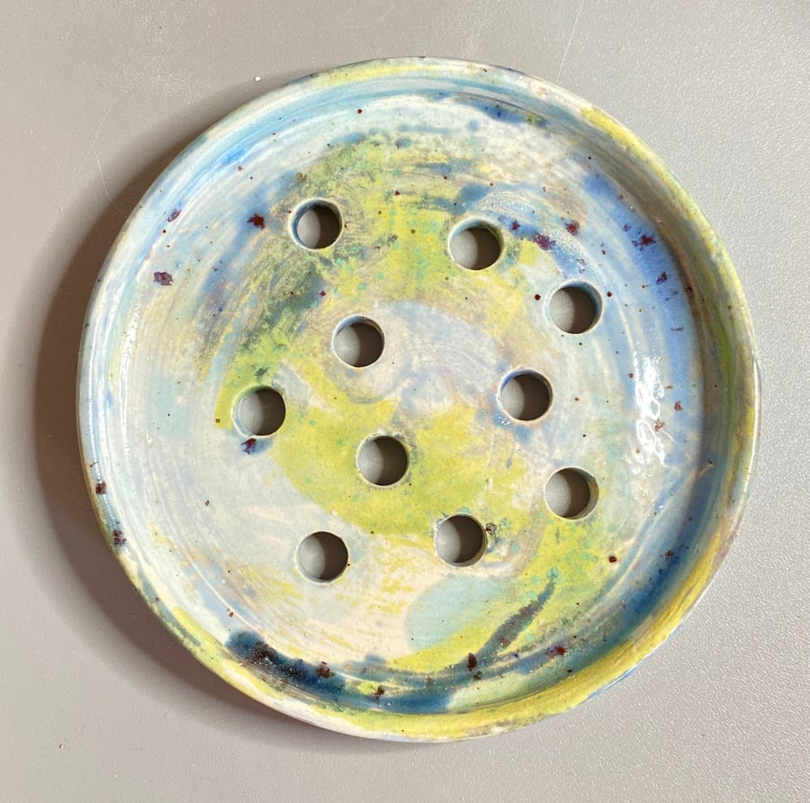Soap dish- wheel thrown, ceramic, small hand- made blue and green.