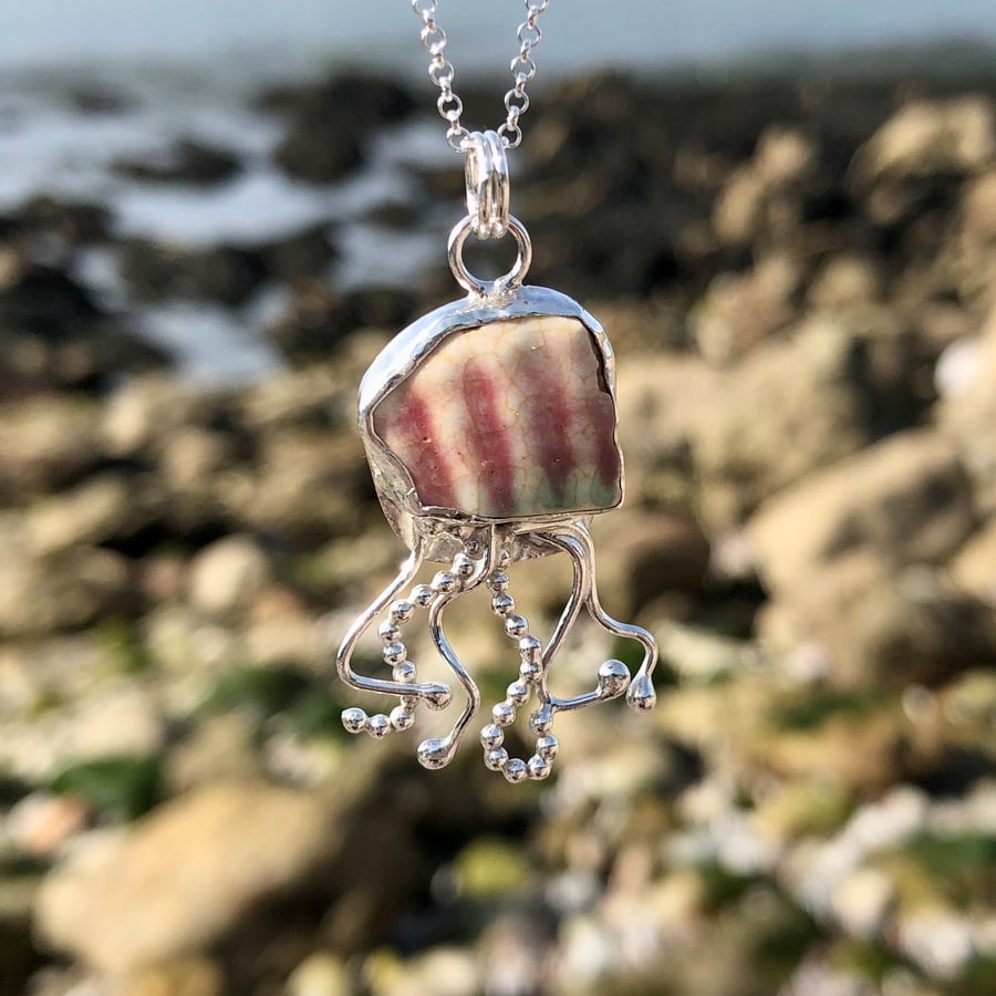Pink Sea Pottery Sea Glass & Sterling Silver Jelly Fish Pendant Necklace - 1075