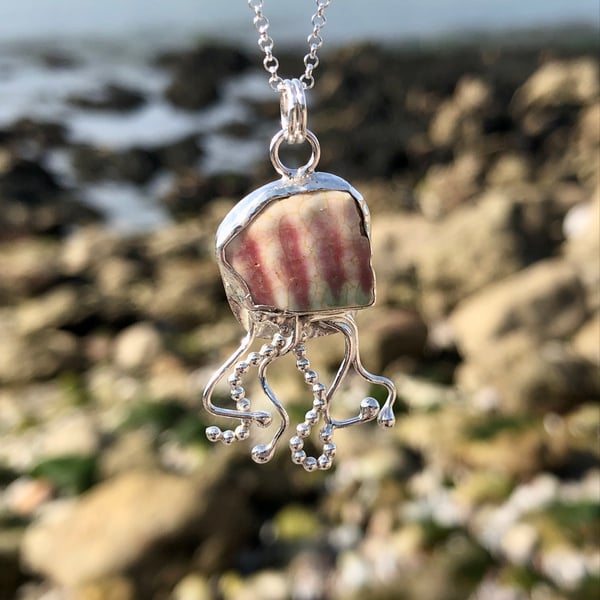 Pink Sea Pottery Sea Glass & Sterling Silver Jelly Fish Pendant Necklace - 1075