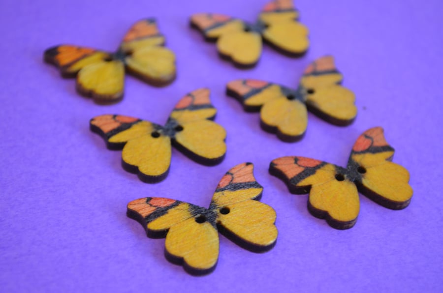Wooden Butterfly Buttons Yellow Orange 6pk 28x20mm (B10)