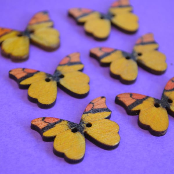 Wooden Butterfly Buttons Yellow Orange 6pk 28x20mm (B10)