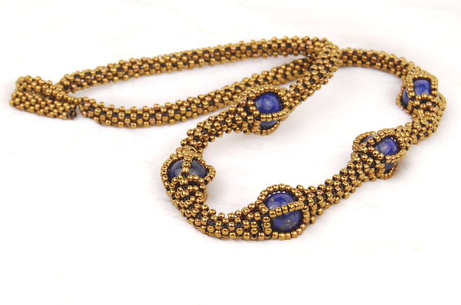 Lapis lazuli necklace, Bronze beaded necklace with statement blue gemstones