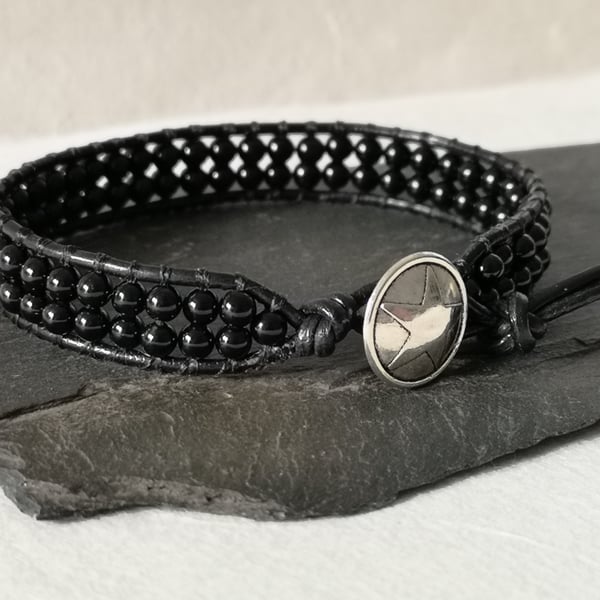 Black onyx semi precious bead and leather bracelet with button fastener