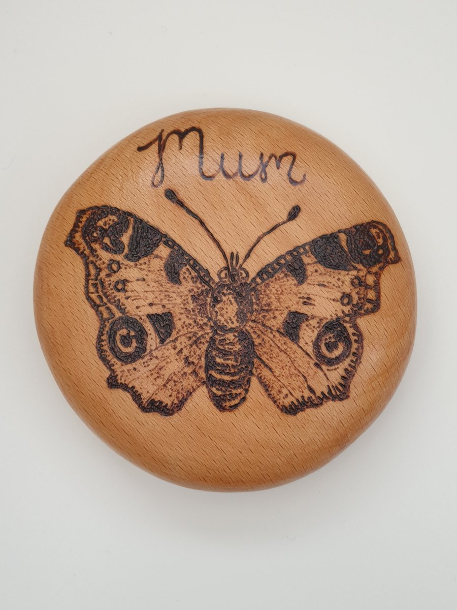 mum pyrography decorated wooden pebble with peacock butterfly, Mothers Day gift