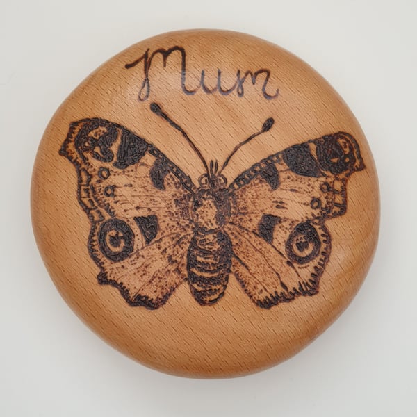 mum pyrography decorated wooden pebble with peacock butterfly, Mothers Day gift