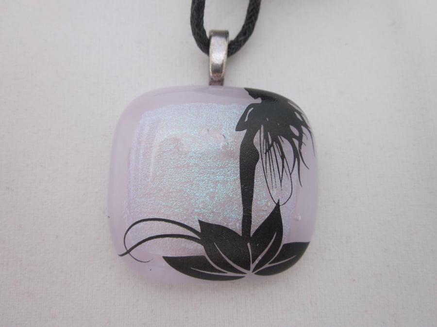 Handmade dichroic glass cabochon pendant - Dainty with black enamel fairy