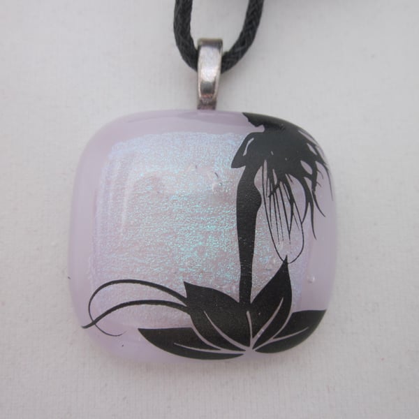 Handmade dichroic glass cabochon pendant - Dainty with black enamel fairy