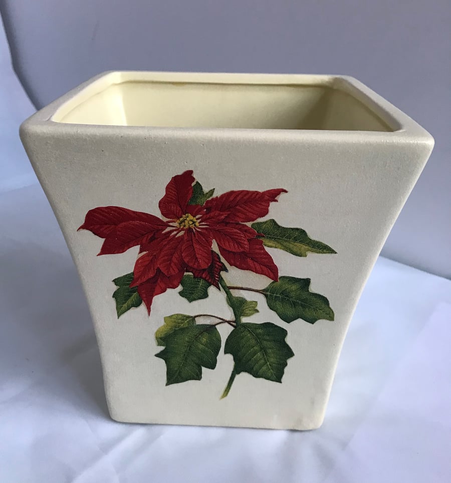 Christmas Poinsettia Holly Plant Pot Square Edged Ceramic Decorated