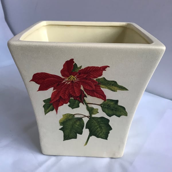 Christmas Poinsettia Holly Plant Pot Square Edged Ceramic Decorated