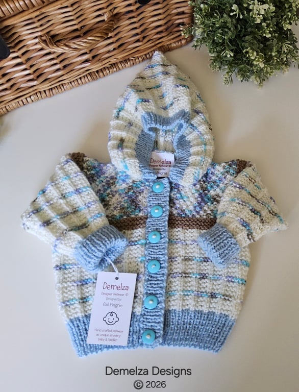 Designer Baby Boys Hand Knitted Textured Hooded Jacket 3-9 months size