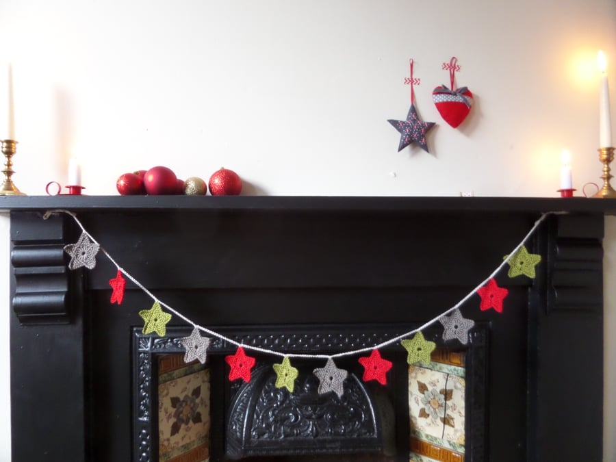 Christmas Crochet Star Garland- Red, Grey and Green