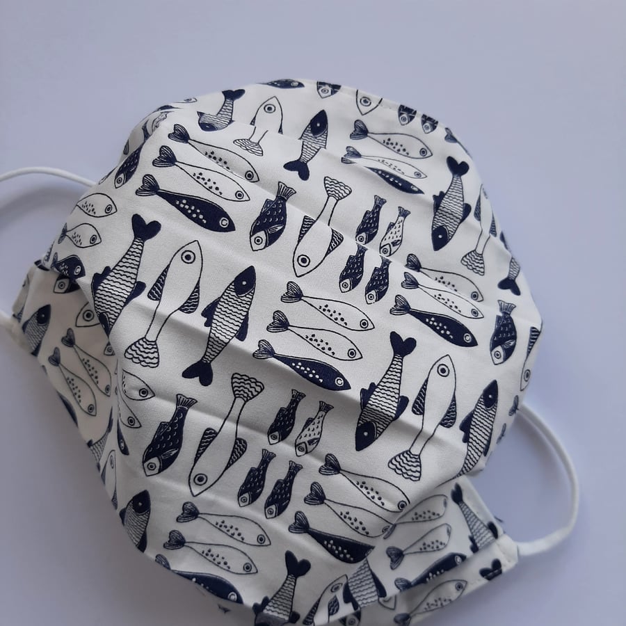 Fabric Face Covering - Navy and White Fish