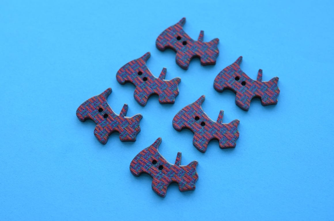 Wooden Scottie Dog Buttons Red Blue Tweed 6pk 28x20mm Scotty Puppy (DG23)