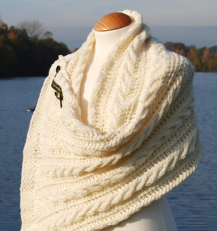 Porcelain white handknitted lace and cable merino shawl