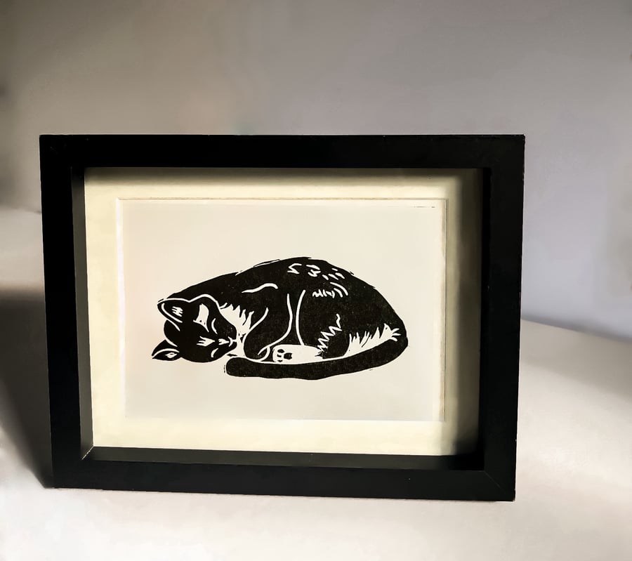 Content Cat Handmade Linocut Print 