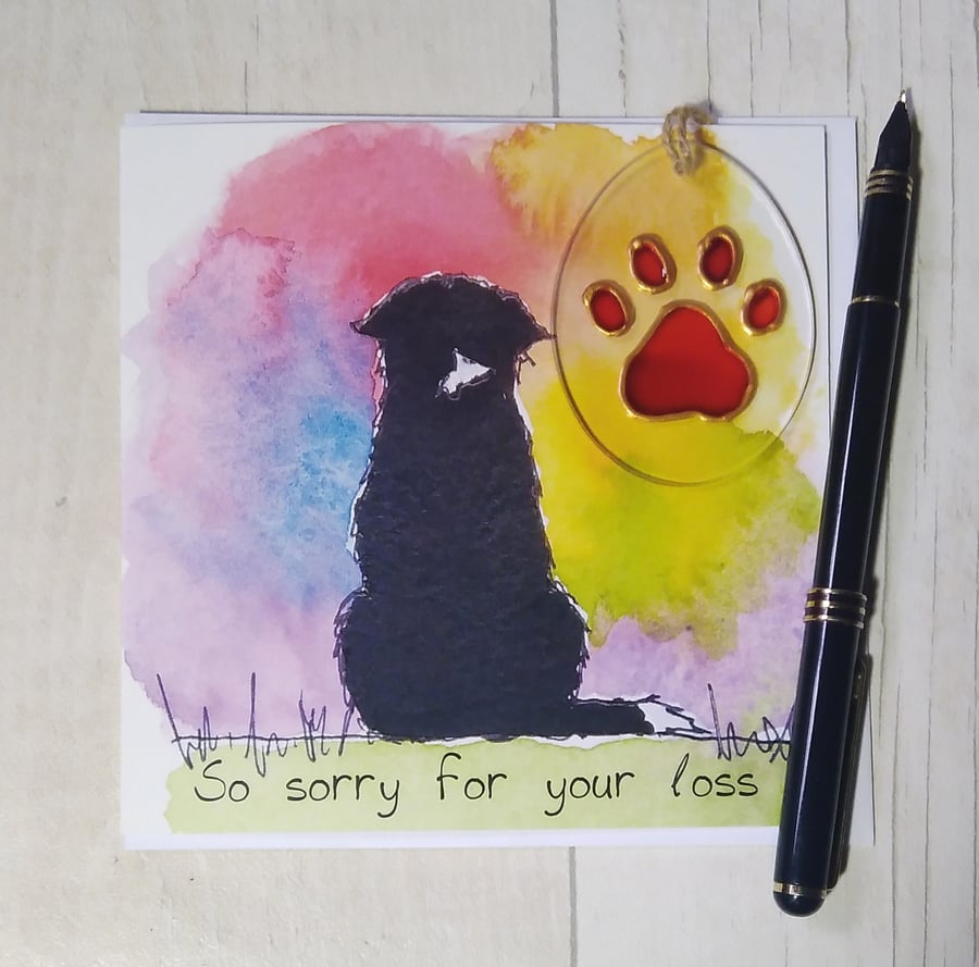 Border Collie sympathy card and paw print sun catcher gift.