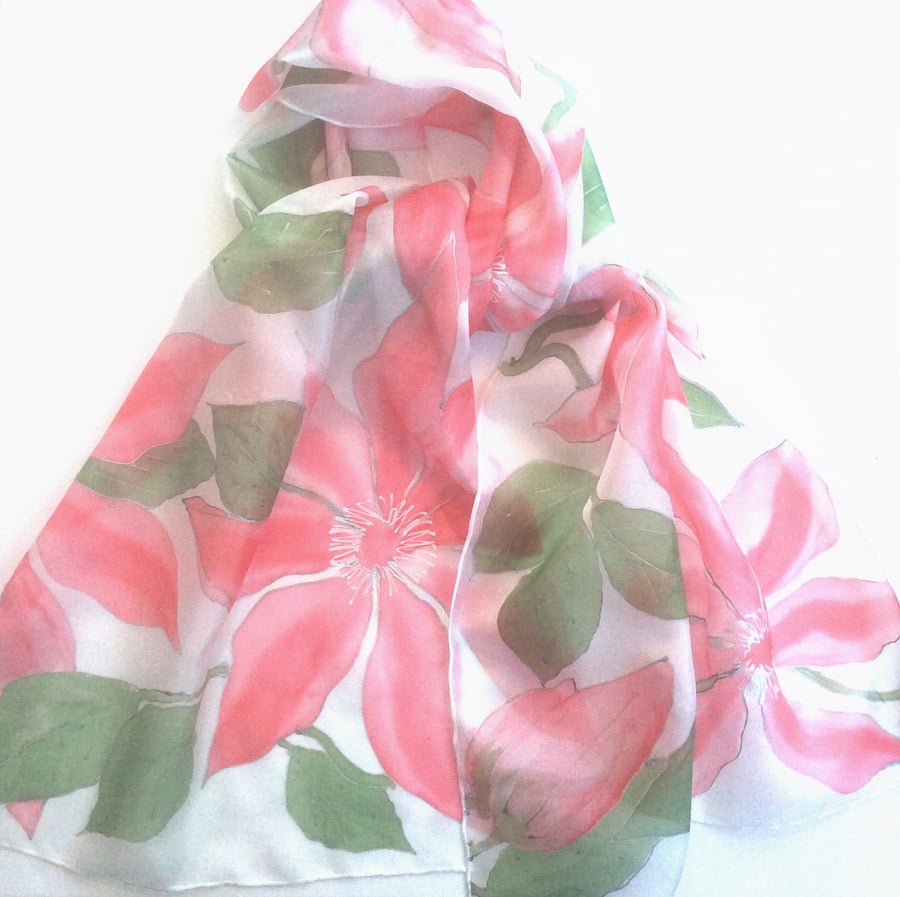 Pink Clematis hand painted silk scarf