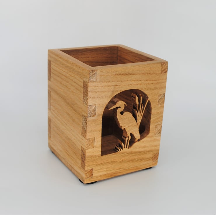 Desk Tidy Pencil Box in Oak Wood - Grey Heron - Folksy