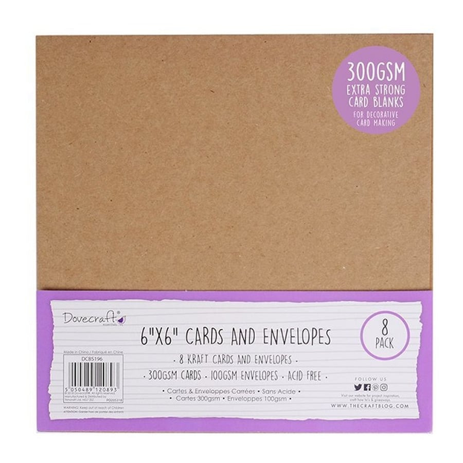 Dovecraft Essentials 6 x 6 Brown Kraft Cards 300gsm, Envelopes 100gsm Pack of 8