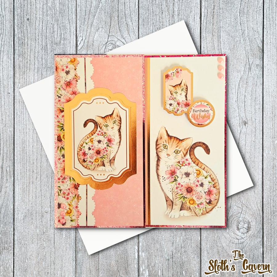Birthday Wishes Handmade Greeting Card With Cats In Blooming Flowers 
