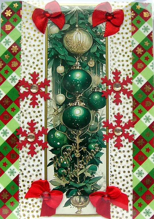 Hand Crafted Decoupage Chistmas Card - Happy Christmas (3223) Green Xmas Baubles