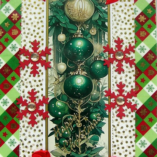 Hand Crafted Decoupage Chistmas Card - Happy Christmas (3223) Green Xmas Baubles
