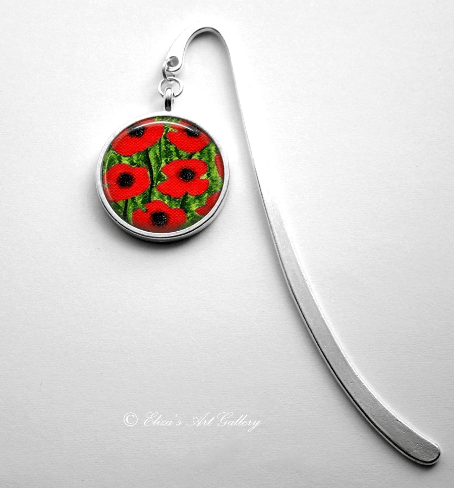 Silver Plated Red Poppy Flower Art Cabochon Bookmark