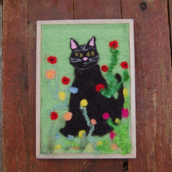 Black cat, wool art picture,  needle felted, Textile art
