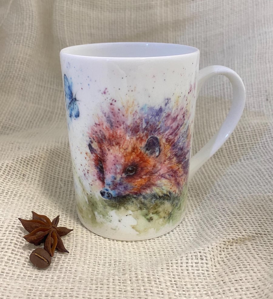 Holly Blue Hedgehog Watercolour Bone China Mug, China Cup, Wildlife Art Mug by W