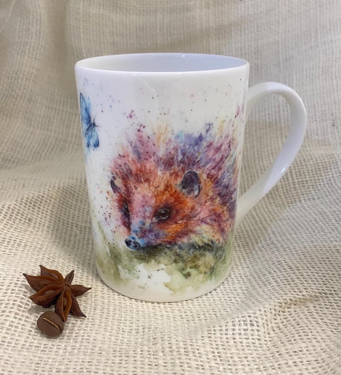 Holly Blue Hedgehog Watercolour Bone China Mug, China Cup, Wildlife Art Mug by W