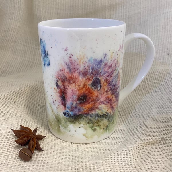 Holly Blue Hedgehog Watercolour Bone China Mug, China Cup, Wildlife Art Mug by W